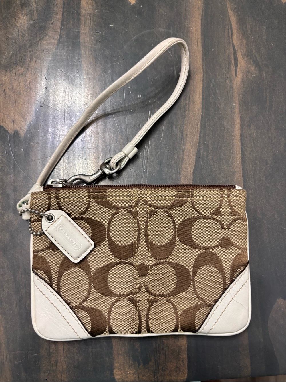 Coach Brown Khaki Signature Canvas Wristlet with Chalk Trim